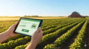 The 15-Minute Guide: How to Buy Your First Farmland Asset (Live Walkthrough) 4 A clean, modern 3D illustration representing Agri-Fi investing. The image features a stylized green farm landscape integrated with subtle digital technology elements, symbolizing the connection between real-world farming and digital finance