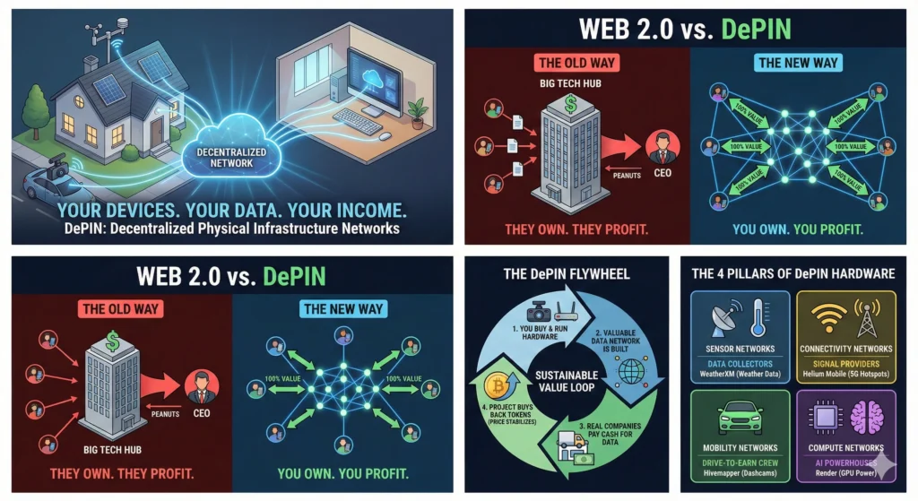 What is DePIN? The Ultimate Beginner’s Guide to Hardware Income (2026) 2 Comparison of Centralized Web2 network vs Decentralized DePIN network architecture