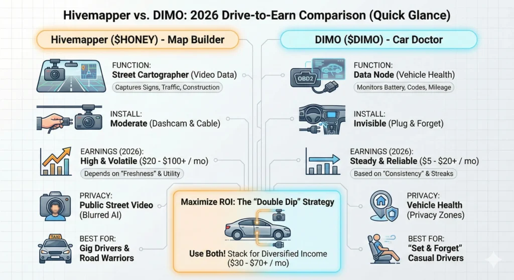 Infographic comparison of Hivemapper vs DIMO earnings, installation, and privacy features for 2026