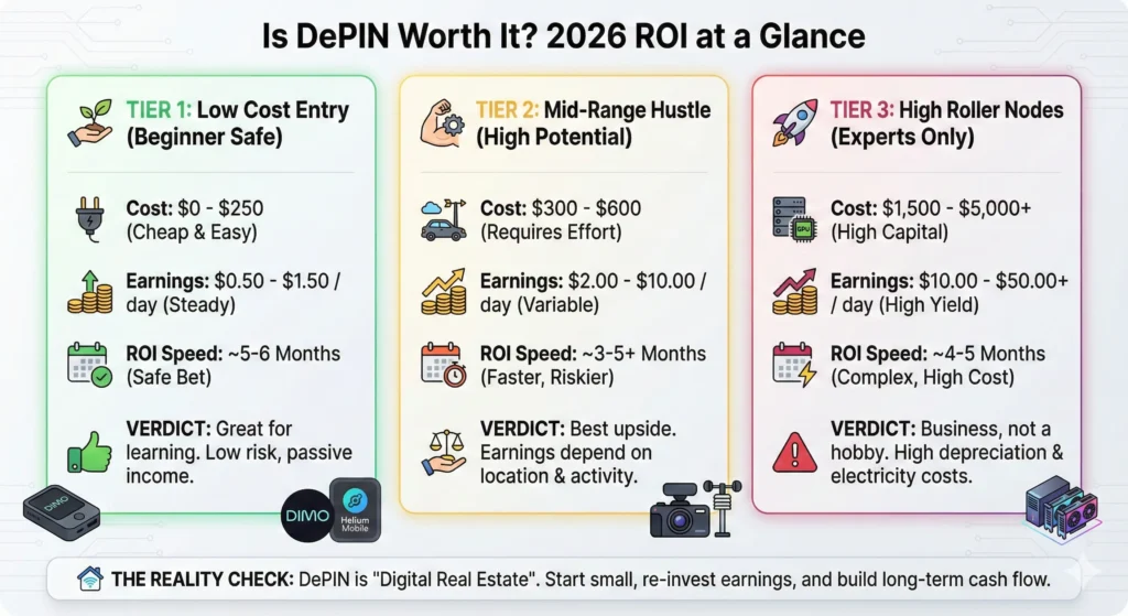Is DePIN Worth It in 2026? A Brutally Honest ROI Breakdown 2 Infographic titled "Is DePIN Worth It? 2026 ROI at a Glance" comparing three hardware tiers based on cost, daily earnings, and ROI speed. It features Low Cost Entry devices like DIMO and Helium Mobile, Mid-Range options, and High Roller GPU nodes