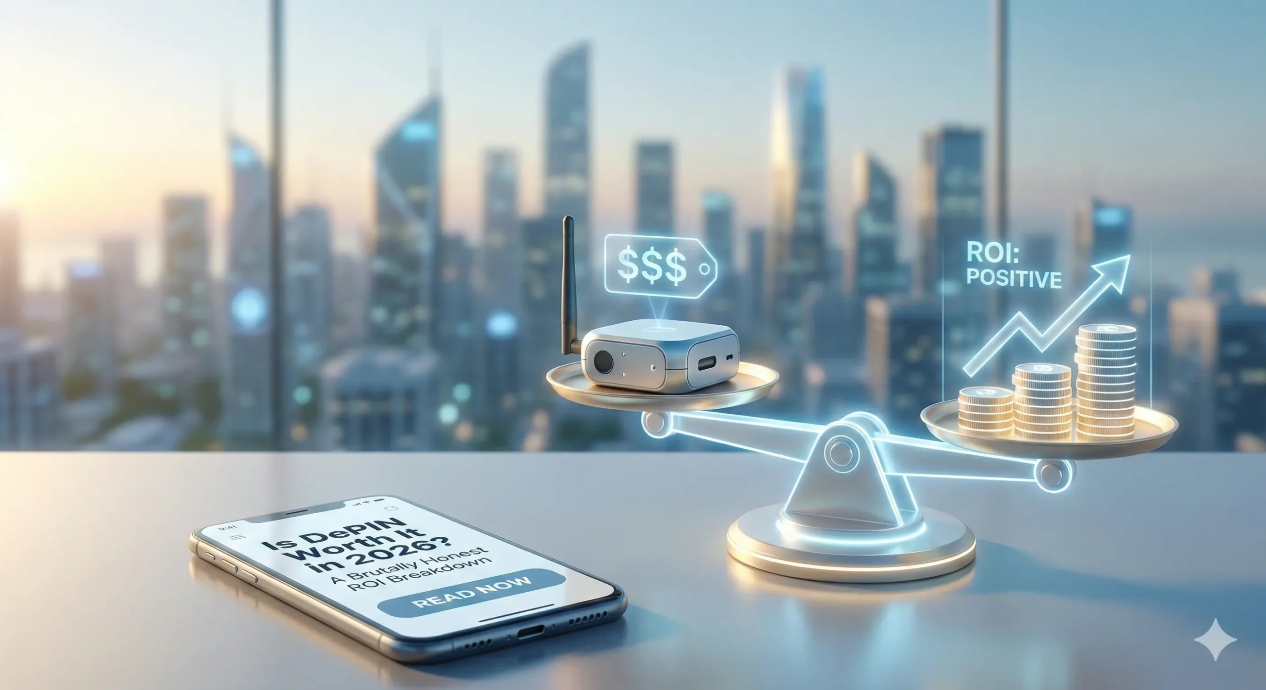 Is DePIN Worth It in 2026? A Brutally Honest ROI Breakdown 1 Hero image showing a futuristic balance scale comparing DePIN hardware initial cost against growing positive ROI stacks of coins in a city setting. A smartphone in the foreground displays the article title "Is DePIN Worth It in 2026? A Brutally Honest ROI Breakdown
